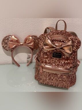 Loungefly x Disney Rose Gold Sequin Minnie Mouse Backpack w/ Matching Ears RARE